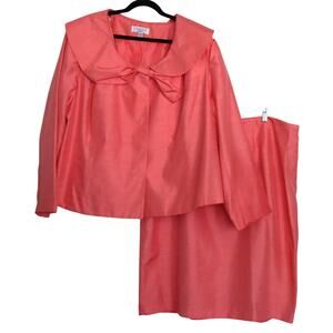 J. Rose Coral Pink Skirt Suit Set Skirt Womens Plus 22W Bow Hidden Buttons